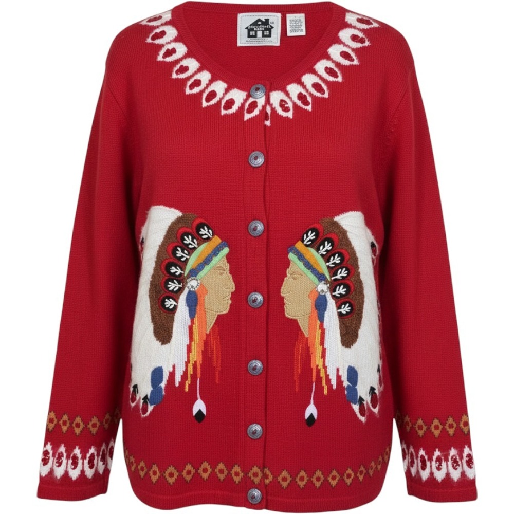 Red Chunky Knit Cardigan L Southwestern Native American Vintage Art. To Wear 3d